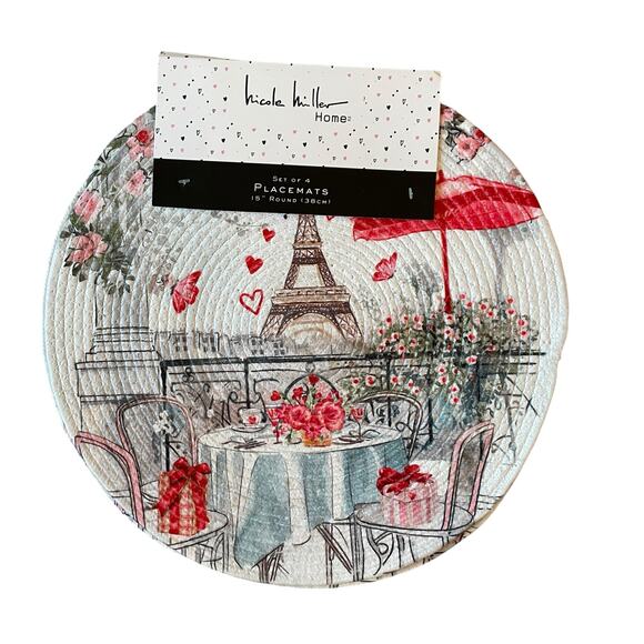 Nicole Miller Valentines Day Placemats 15" Round Paris Eiffel Tower Set of 4 New - Picture 8 of 12